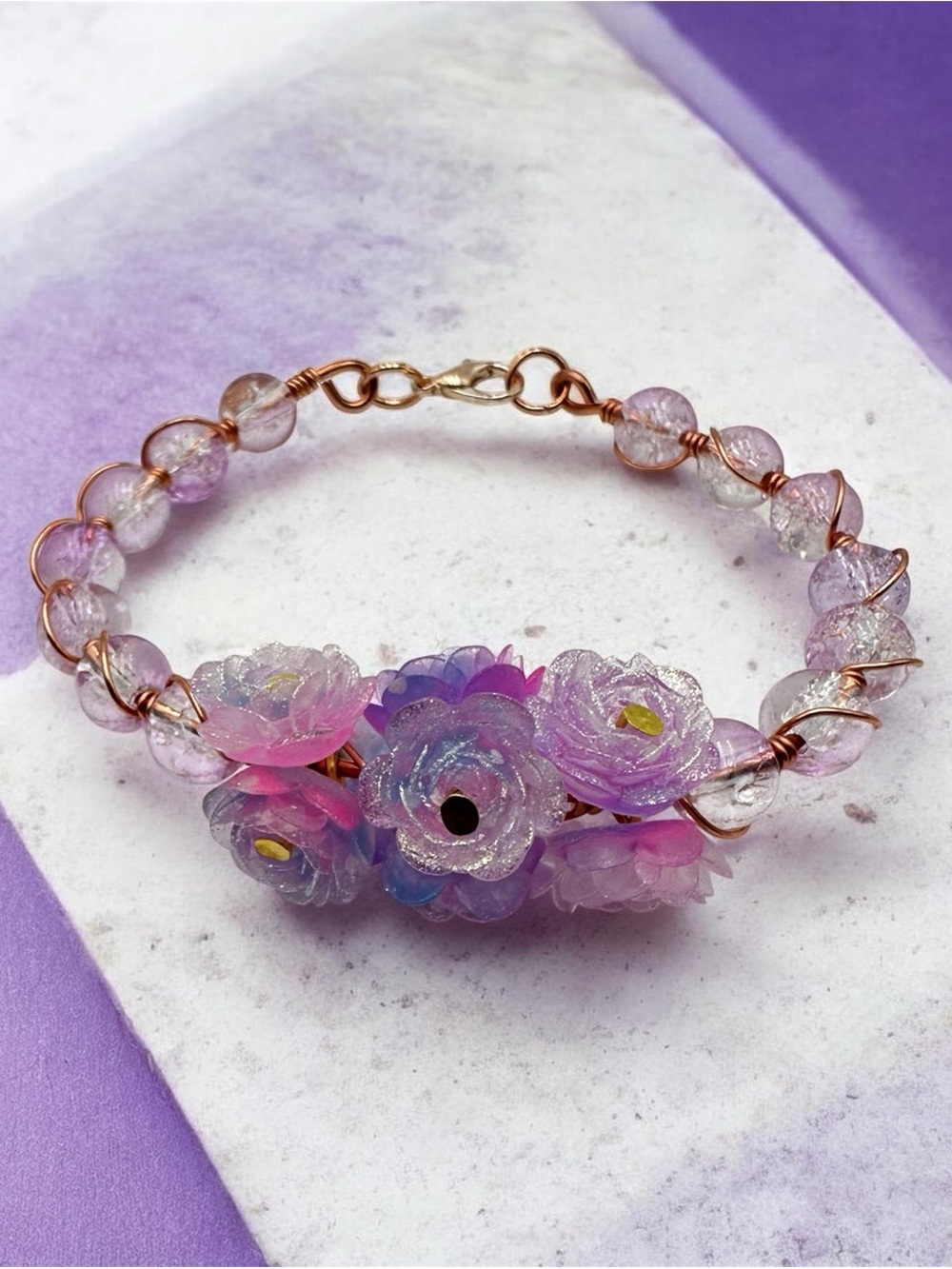 Purple Floral Beaded Wire Wrapped Bracelet Handmade Flower Jewelry Gift